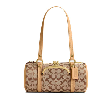 Coach Women's Kisslock Barrel Bag 28 In Signature Jacquard Brass/Khaki Light Peach
