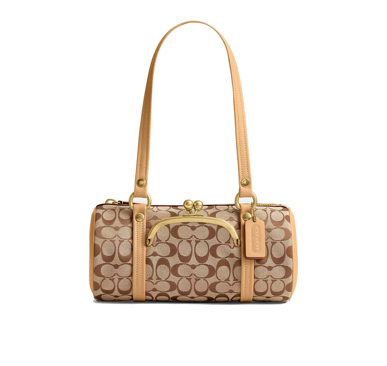 Coach Women's Kisslock Barrel Bag 28 In Signature Jacquard Brass/Khaki Light Peach