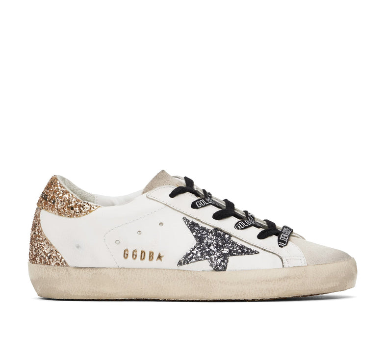 Golden Goose Women's Super Star Sneakers with Gold Glittery and Silver Star