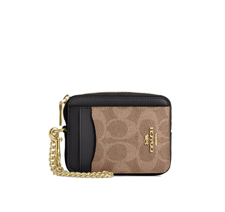 Coach Women's Zip Card Case In Signature Canvas Gold/Tan/Black