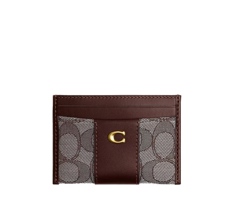 Coach Women's Essential Card Case In Signature Jacquard Brass/Oak Maple