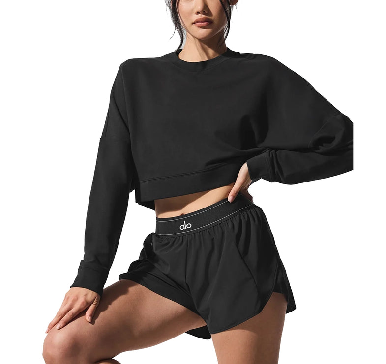 alo Women's Cropped Sway Crew Neck Pullover Black
