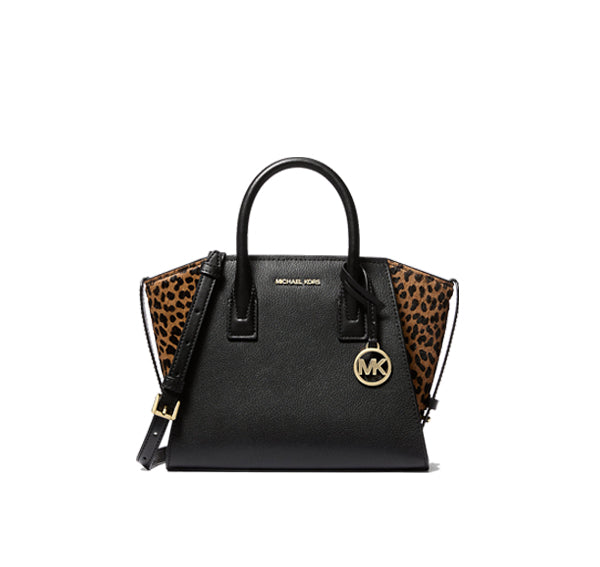 Michael Kors Women's Avril Small Leather and Cheetah Print Calf Hair Satchel Black Combo