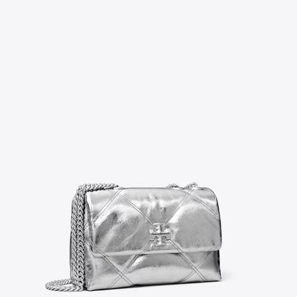 Tory Burch Women's Small Kira Diamond Quilt Metallic Convertible Shoulder Bag Silver