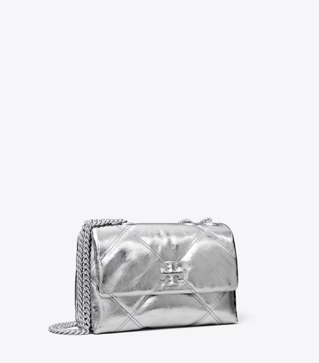 Tory Burch Women's Small Kira Diamond Quilt Metallic Convertible Shoulder Bag Silver