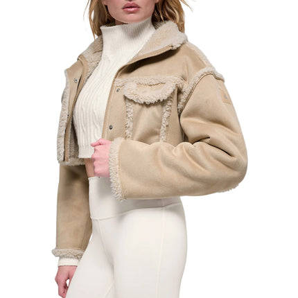 alo Women's Faux Shearling Snowfall Cropped Jacket Woodland Tan