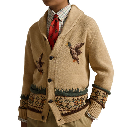 Polo Ralph Lauren Boy's Cotton-Wool Shawl Cardigan Camel Multi
