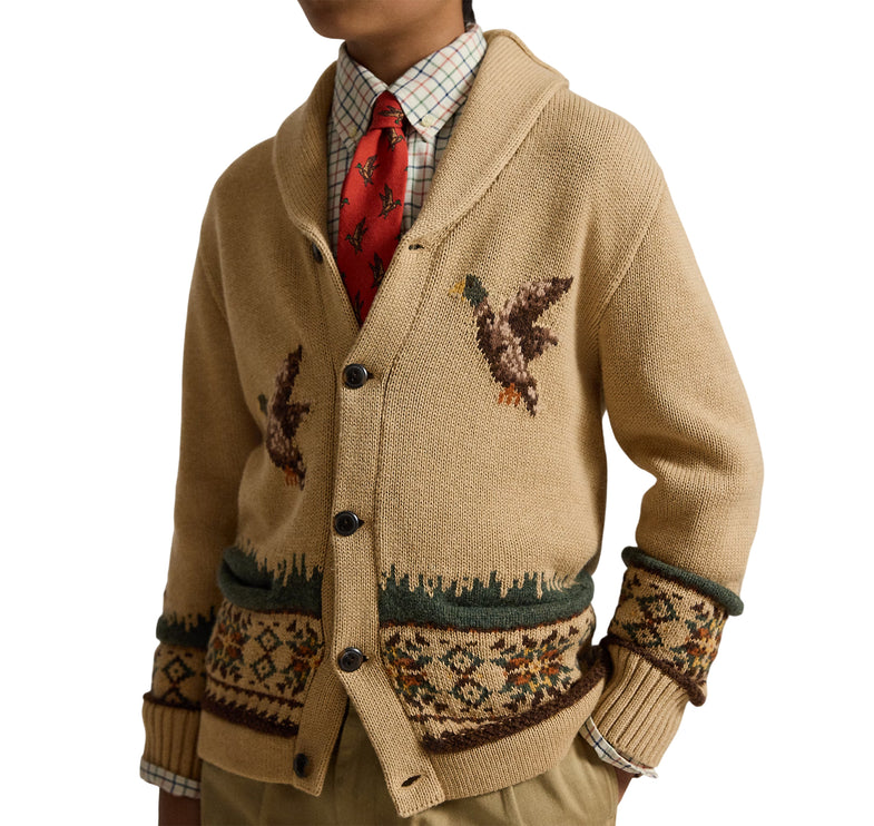 Polo Ralph Lauren Boy's Cotton-Wool Shawl Cardigan Camel Multi