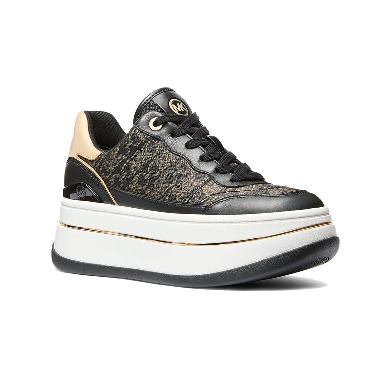 Michael Kors Women's Hayes Metallic Empire Monogram and Leather Trainer Black/Pale Gold