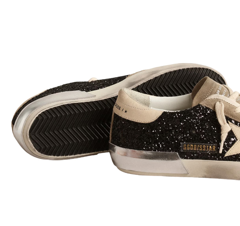 Golden Goose Women's Super Star in Black Glitter with Cream Star and Suede Inserts