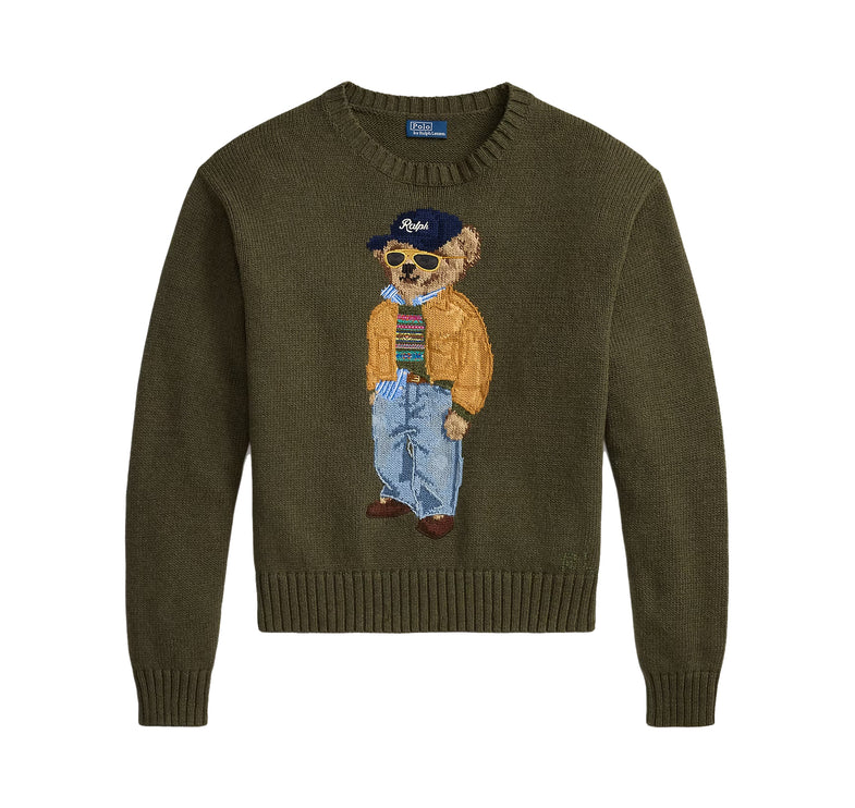 Polo Ralph Lauren Women's Polo Bear Cotton Crewneck Sweater Marled Olive