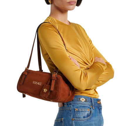 Versace Women's Versace Tag Suede Medium Bowling Bag Brown