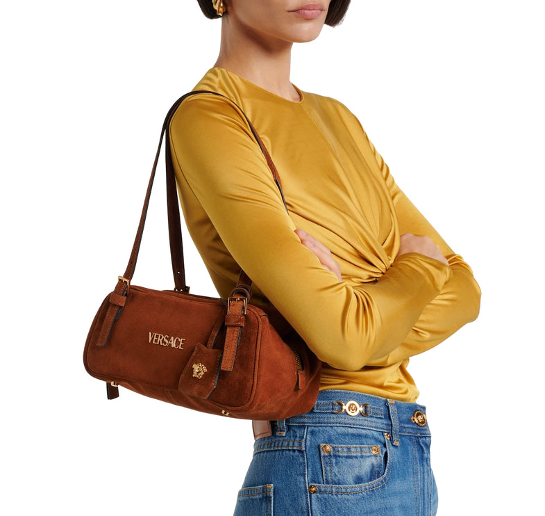 Versace Women's Versace Tag Suede Medium Bowling Bag Brown