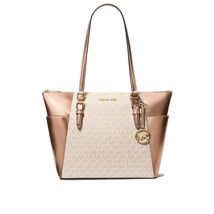 Michael Kors Women's Charlotte Large Signature Logo and Metallic Top-Zip Tote Bag Rose Gold