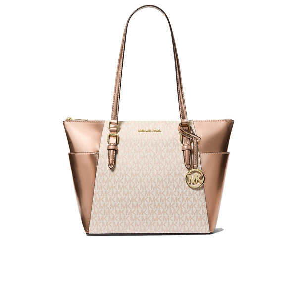 Michael Kors Women's Charlotte Large Signature Logo and Metallic Top-Zip Tote Bag Rose Gold