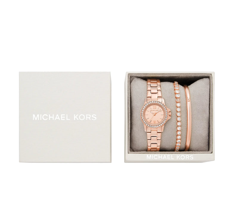 Michael Kors Women's Petite Everest Pavé Rose Gold-Tone Watch and Bracelets Jewelry Gift Set Rose Gold MKO9031SET