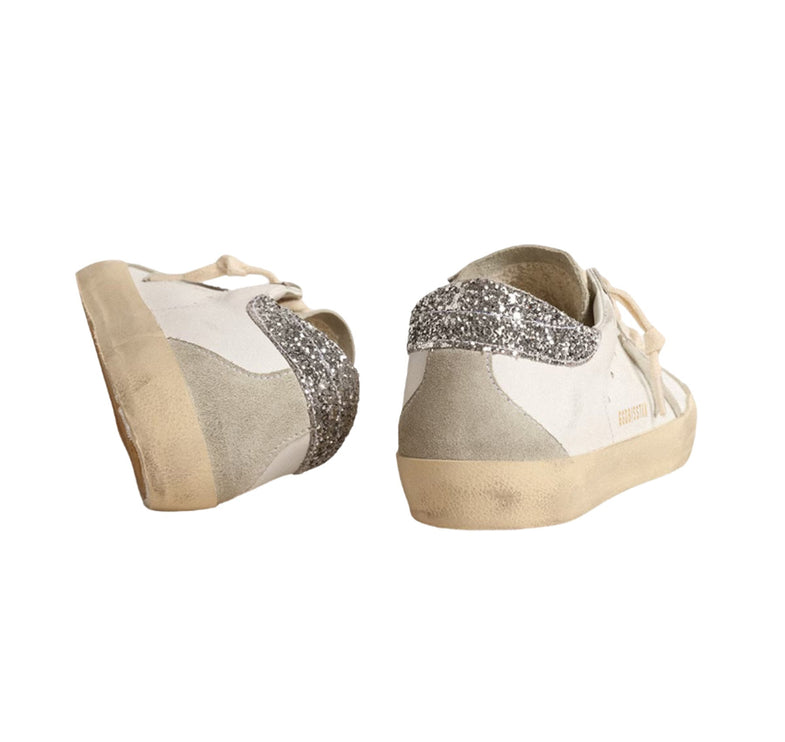 Golden Goose Women's Super Star Sneakers with Gray Star and Silver Glitter