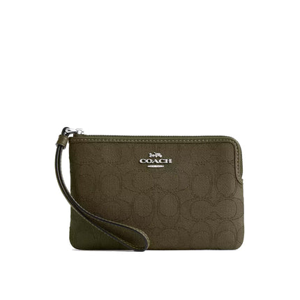Coach Women's Corner Zip Wristlet In Signature Jacquard Silver/Olive Drab