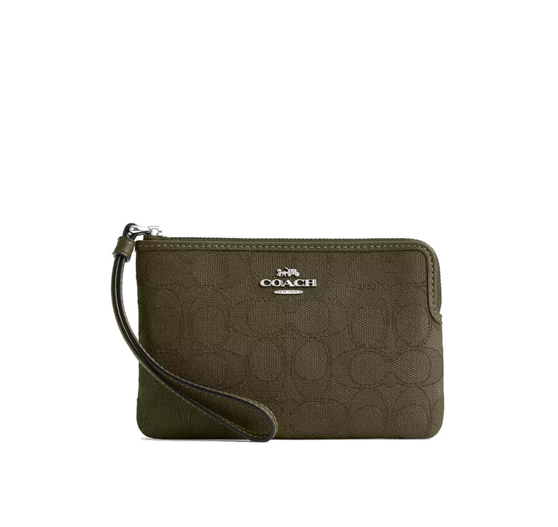 Coach Women's Corner Zip Wristlet In Signature Jacquard Silver/Olive Drab