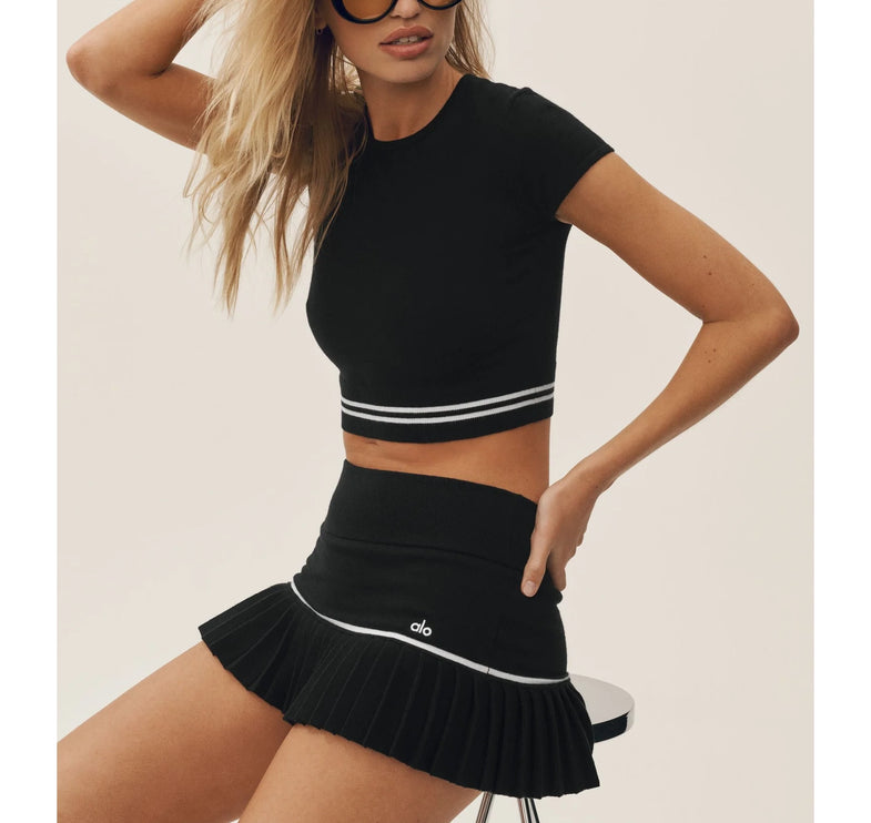 alo Women's Cotton Cashmere My Serve Short Sleeve Black/White