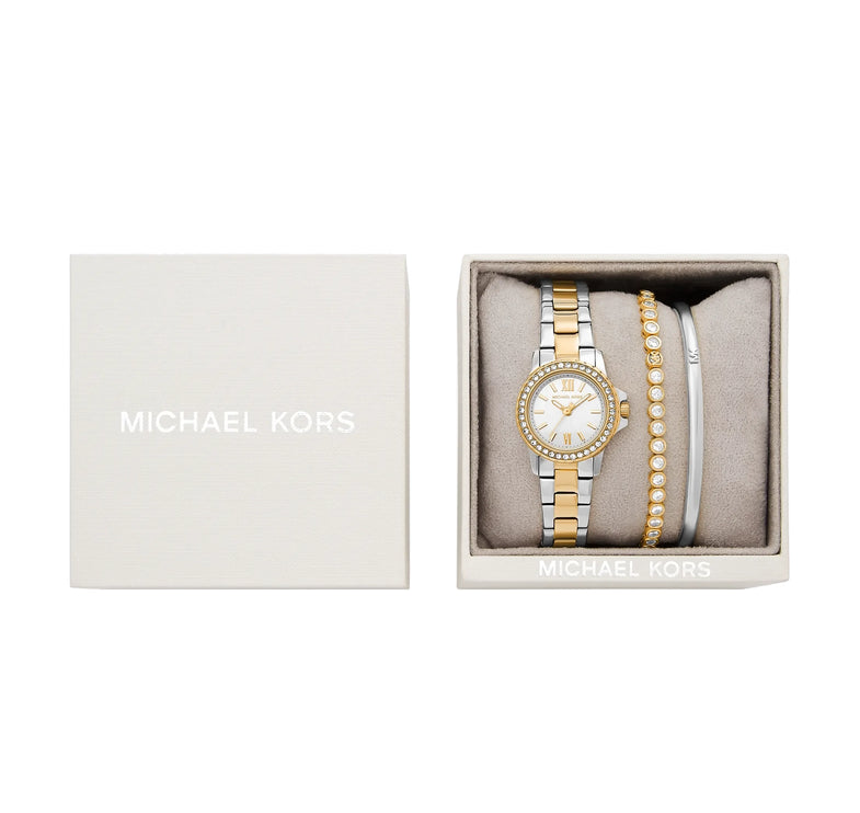 Michael Kors Women's Petite Everest Two-Tone Watch and Pavé Bangle Jewelry Gift Set Two Tone MKO9032SET