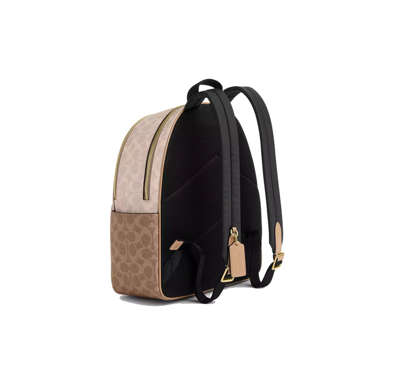 Coach Women's Court Backpack In Blocked Signature Canvas Gold/Sand/Tan