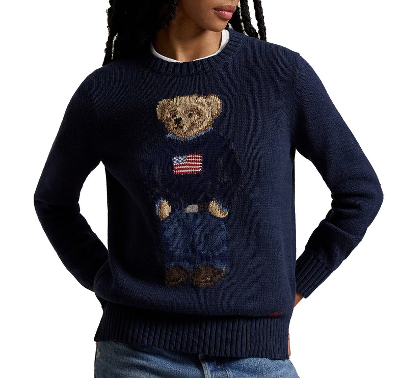 Polo Ralph Lauren Women's Polo Bear Linen-Cotton Crewneck Sweater Navy Multi