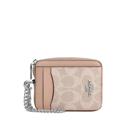 Coach Women's Zip Card Case In Signature Canvas Silver/Sand/Taupe