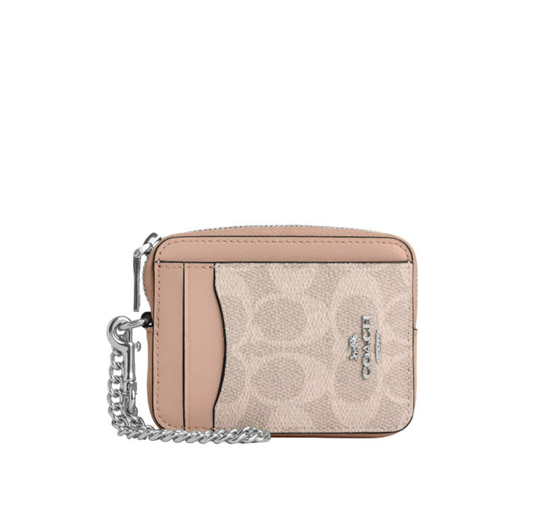 Coach Women's Zip Card Case In Signature Canvas Silver/Sand/Taupe