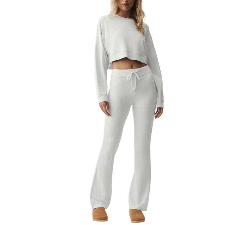 alo Women's Cropped Sway Crew Neck Pullover White Heather