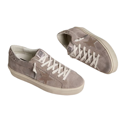 Golden Goose Women's Hi Star sneakers in Beige Suede with Laminated Leather Star and Glitter Heel Tab