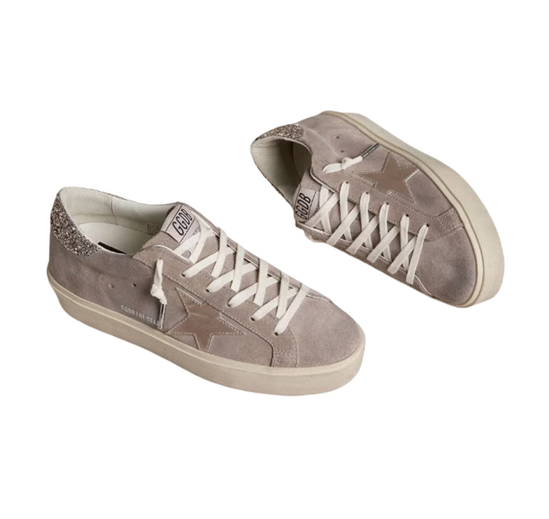 Golden Goose Women's Hi Star sneakers in Beige Suede with Laminated Leather Star and Glitter Heel Tab