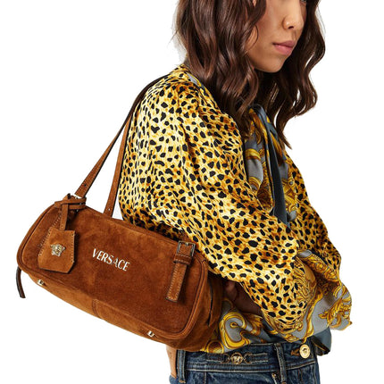 Versace Women's Versace Tag Suede Medium Bowling Bag Brown