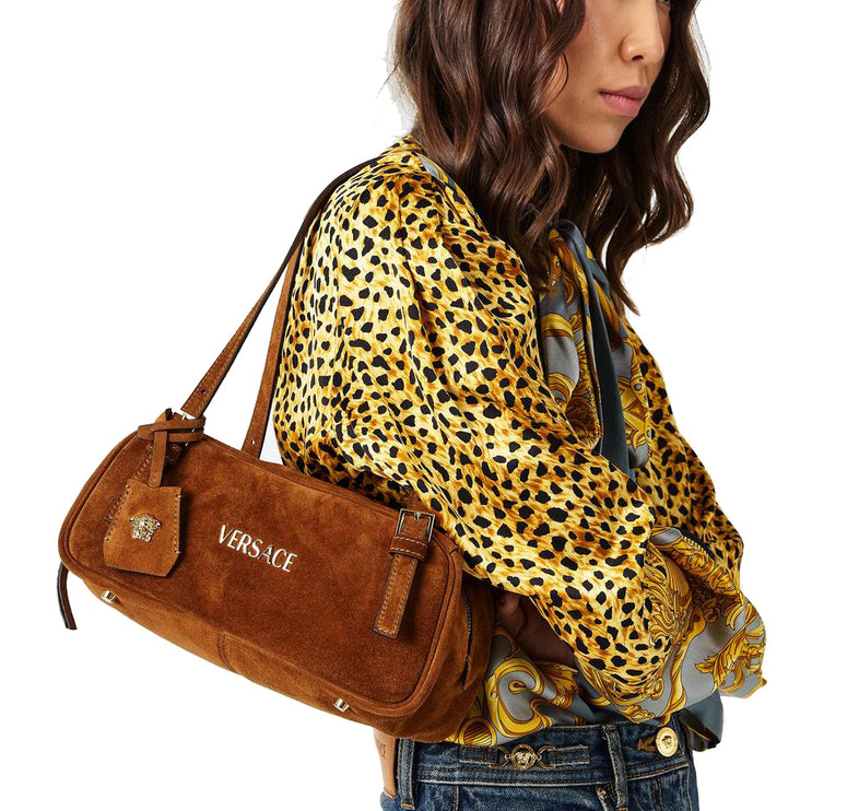Versace Women's Versace Tag Suede Medium Bowling Bag Brown