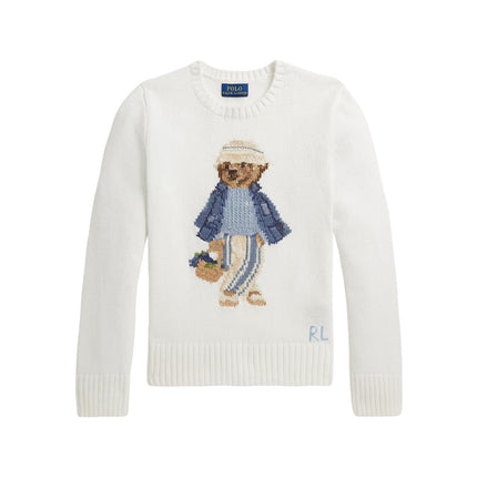 Polo Ralph Lauren Girl's Polo Bear Cotton Sweater Deckwash White