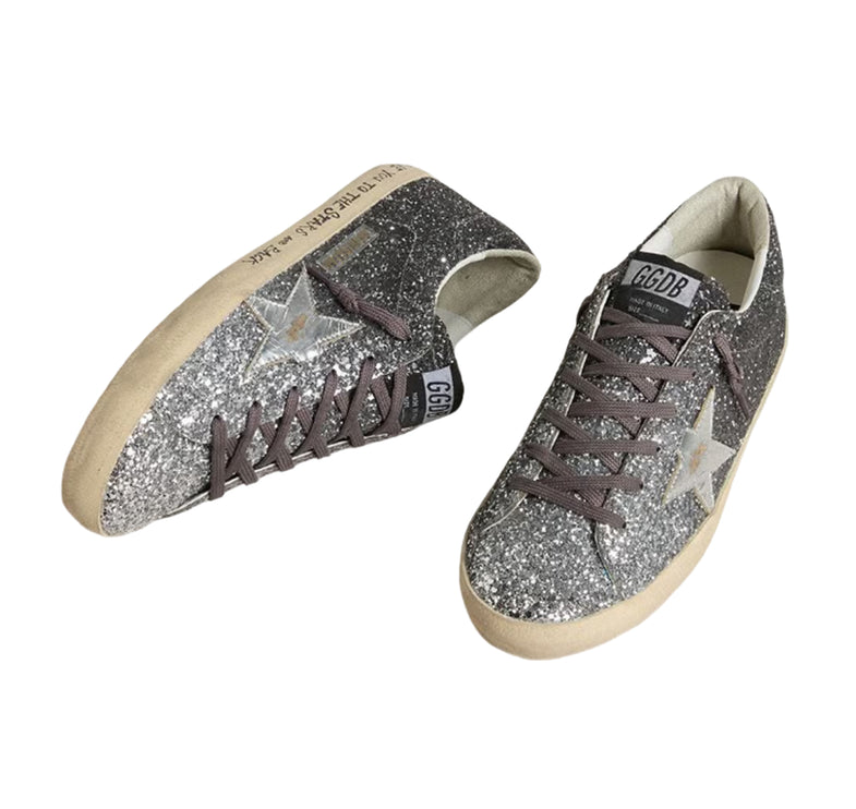 Golden Goose Women's Super Star with Glitter Upper and Silver Metallic Leather Star