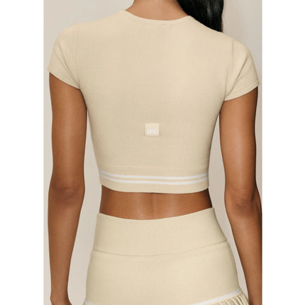 alo Women's Cotton Cashmere My Serve Short Sleeve Sandy Beige/White