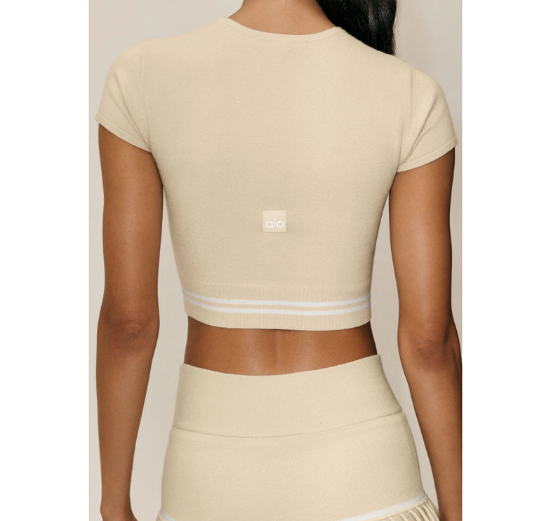 alo Women's Cotton Cashmere My Serve Short Sleeve Sandy Beige/White