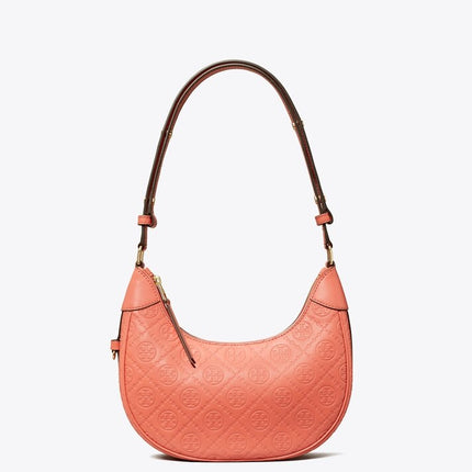 Tory Burch Women's T Monogram Leather Crescent Bag Coral Crush