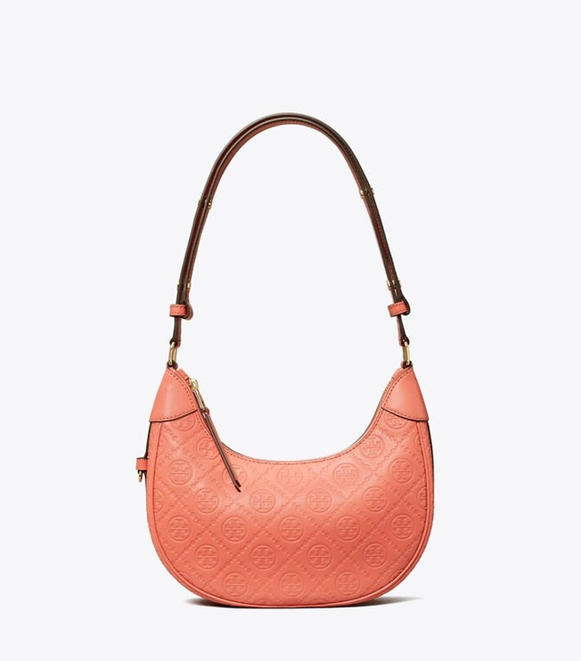 Tory Burch Women's T Monogram Leather Crescent Bag Coral Crush