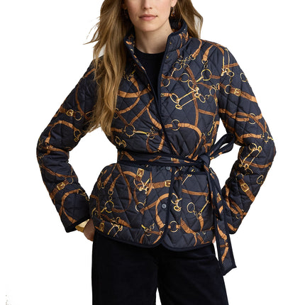 Polo Ralph Lauren Women's Belting-Print Quilted Mockneck Jacket Dark Navy