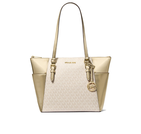 Michael Kors Women's Charlotte Large Signature Logo and Metallic Top-Zip Tote Bag Pale  Gold