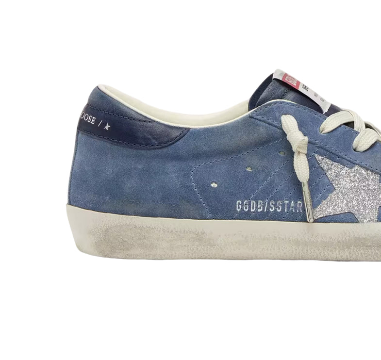 Golden Goose Women's Super-Star Star in Denim Blue Suede with Silver Glitter Star