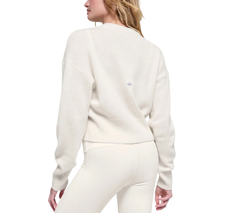 alo Women's Wool Cashmere Cropped New Class Crewneck Sweater Ivory