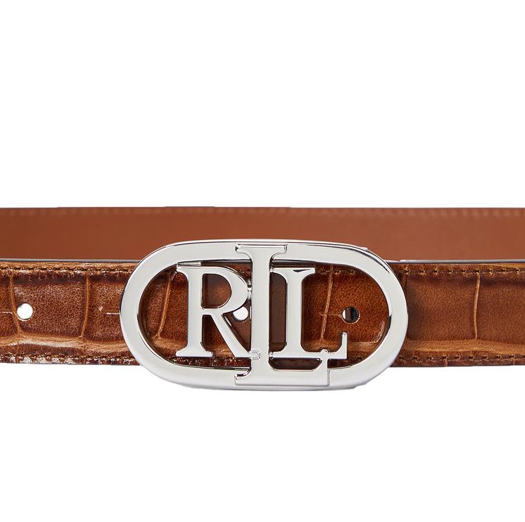 Polo Ralph Lauren Women's Logo Reversible Embossed Skinny Belt Tobacco/Lauren Tan