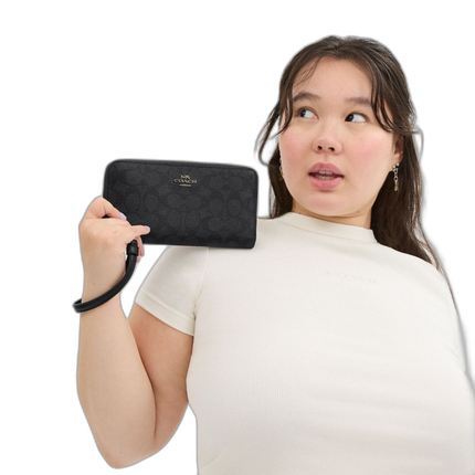 Coach Women's Long Zip Around Wallet In Signature Canvas Gunmetal/Charcoal/Black