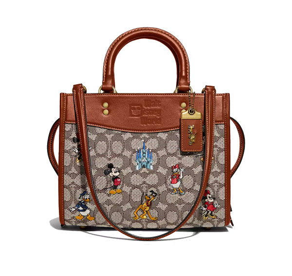Coach Women's Disney X Coach Rogue 25 In Signature Textile Jacquard With Mickey Mouse And Friends Embroidery Brass/Cocoa Burnished Amber Multi