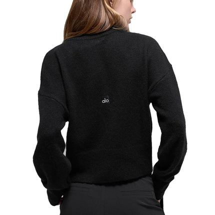 alo Women's Wool Cashmere Cropped New Class Crewneck Sweater Black