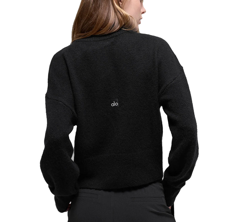 alo Women's Wool Cashmere Cropped New Class Crewneck Sweater Black