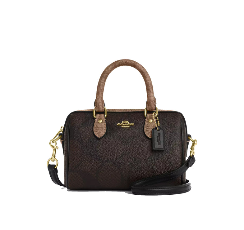 Coach Women's Mini Rowan Crossbody Bag In Blocked Signature Canvas Gold/Walnut/Tan